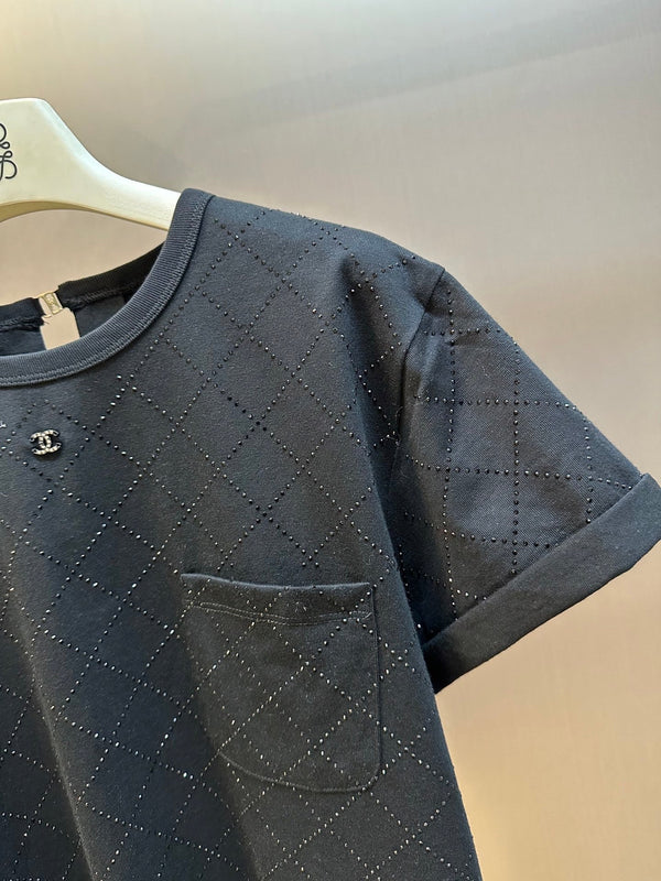 Black Crewneck Tee with Rhinestone Quilting & Back Hardware