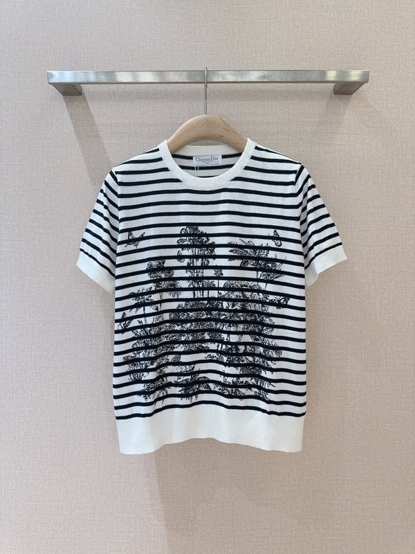 Round neck striped print latest hot coconut tree 🌴 print pullover t-shirt
