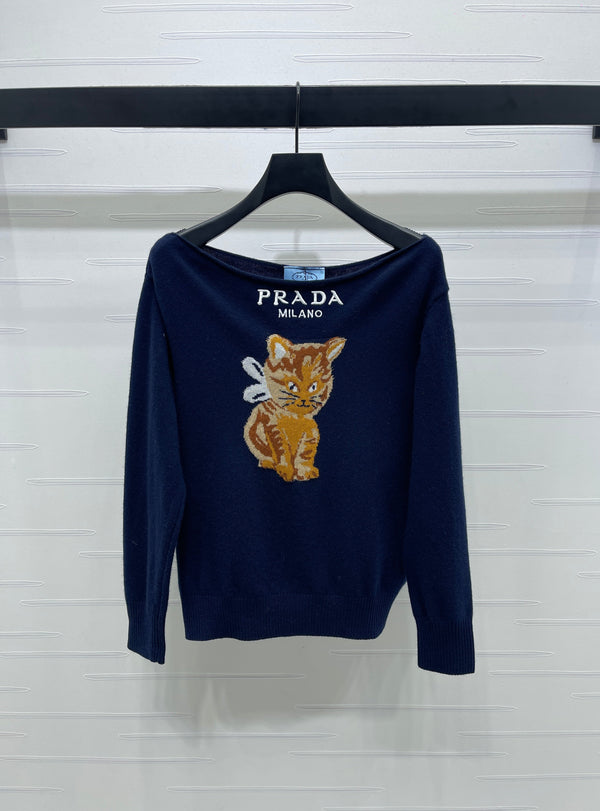 Cat pattern off-the-shoulder long-sleeved top