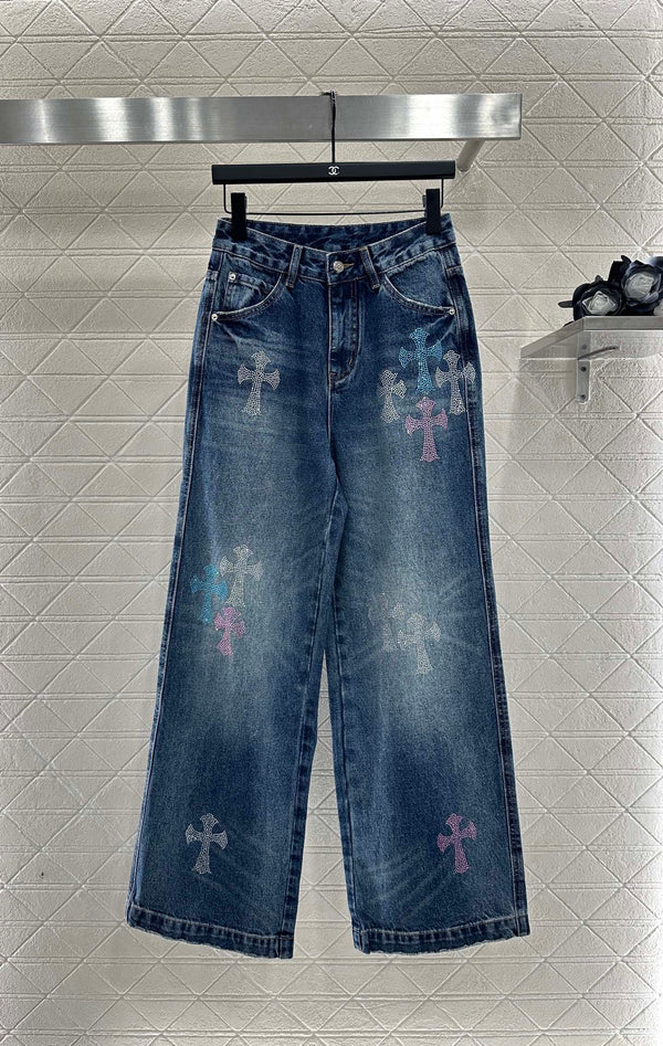 Rhinestone Denim Cross Trousers