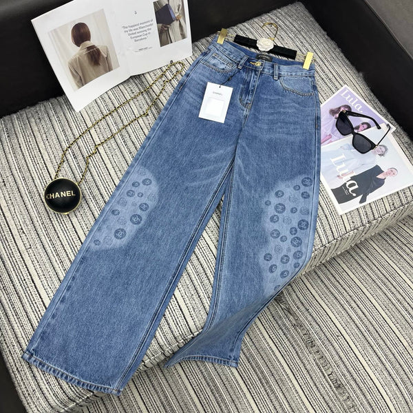 Printed denim straight-leg pants