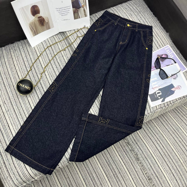Embroidered denim straight-leg pants