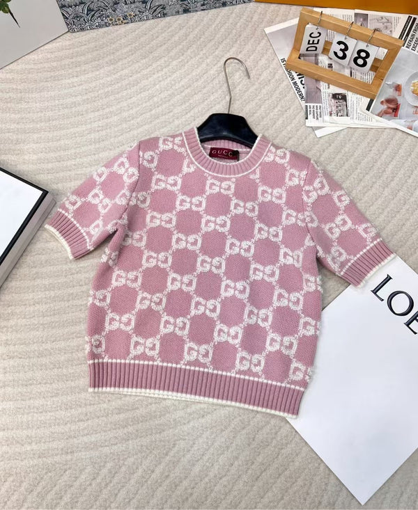Klassischer Jacquard-Strick aus Wolle mit Rundhalsausschnitt und kurzen Ärmeln