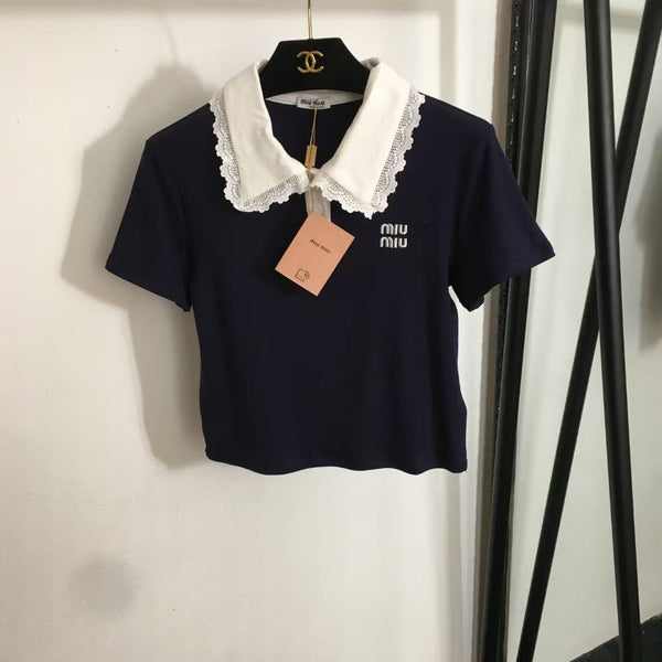 25 nouveaux logos simples brodés de couleur assortie à revers en dentelle à manches courtes