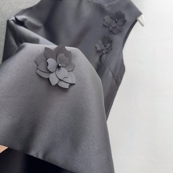 Black Satin Shift Dress with 3D Floral Embellishments