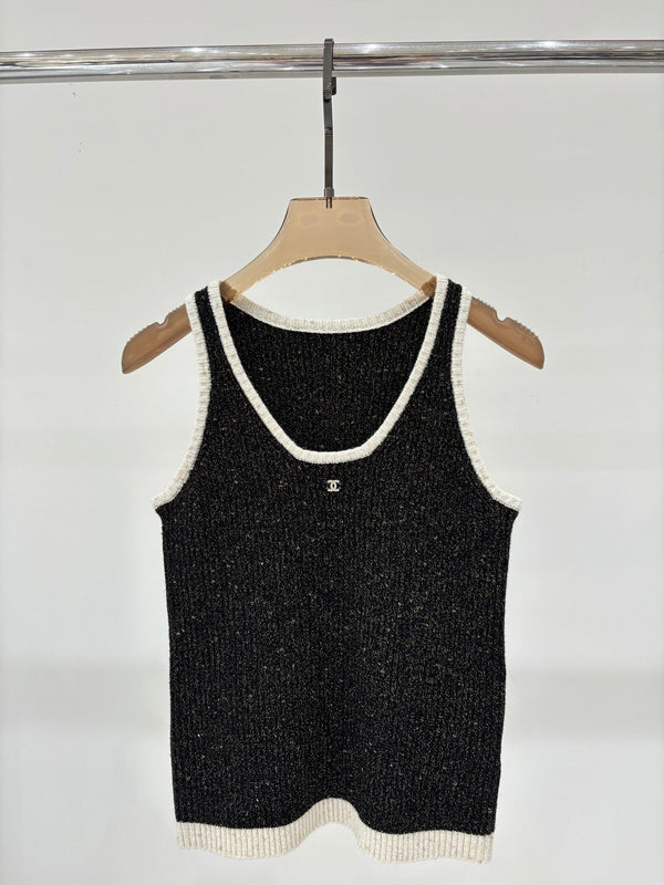 Black & White Tweed-Knit Tank with Metallic Flecks