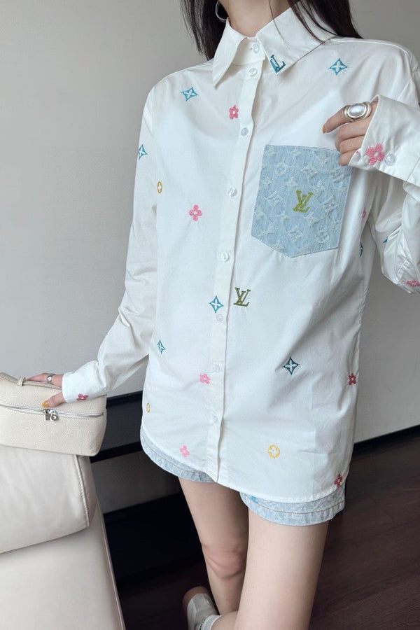 Two-Tone Embroidered Shirts with Denim Pocket Accent