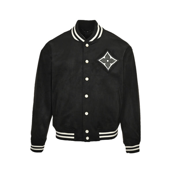 Heiße Baseballjacke aus Wildleder mit vierblättrigem Kleeblatt-Logo und Strasssteinen