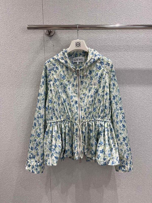 Early Autumn New Light Blue Floral Hooded Jacket
