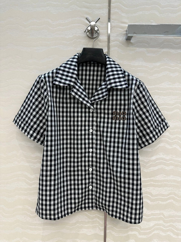 Intellectual style black and white small plaid short-sleeved shirt